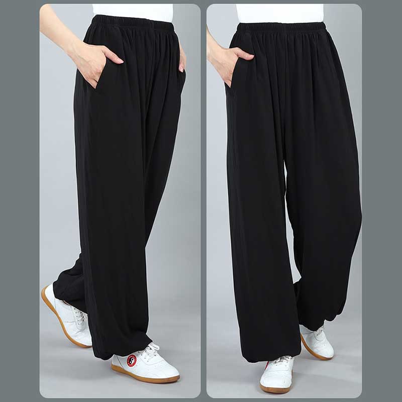 Summer Unisex Elastic Waist Tai Chi Kung Fu Qigong Practice Cotton Breathable Pants With Pockets