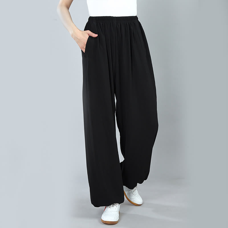 Summer Unisex Elastic Waist Tai Chi Kung Fu Qigong Practice Cotton Breathable Pants With Pockets