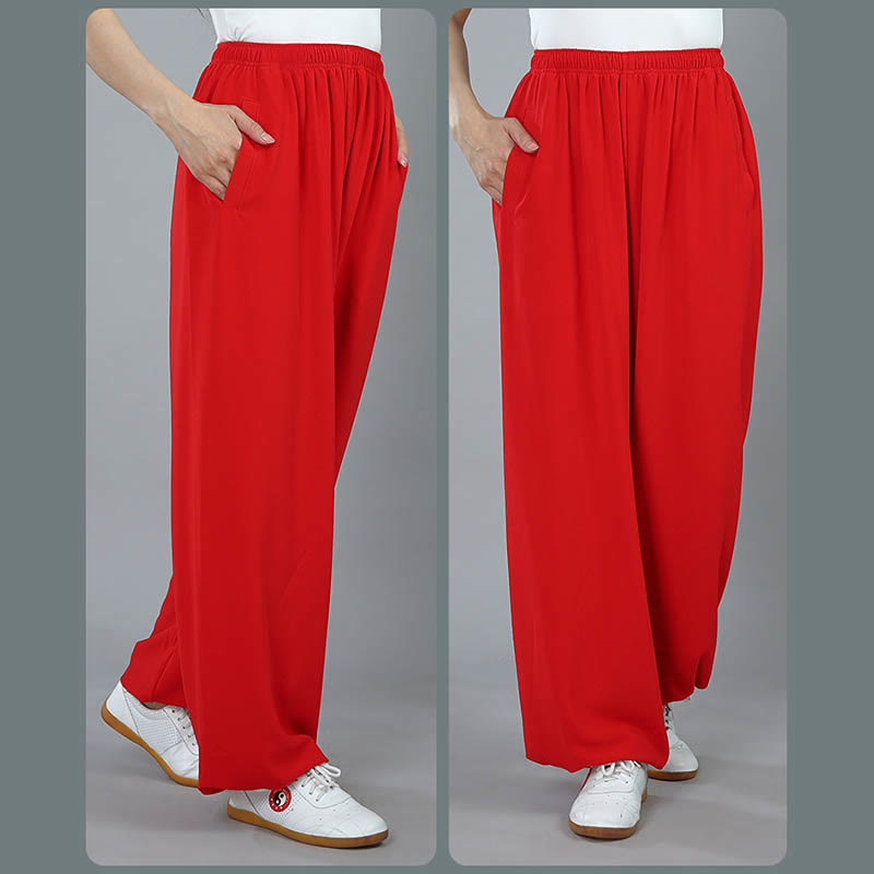 Summer Unisex Elastic Waist Tai Chi Kung Fu Qigong Practice Cotton Breathable Pants With Pockets
