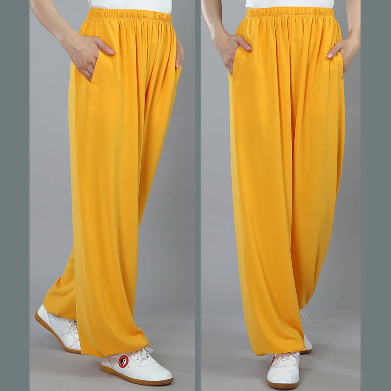 Summer Unisex Elastic Waist Tai Chi Kung Fu Qigong Practice Cotton Breathable Pants With Pockets