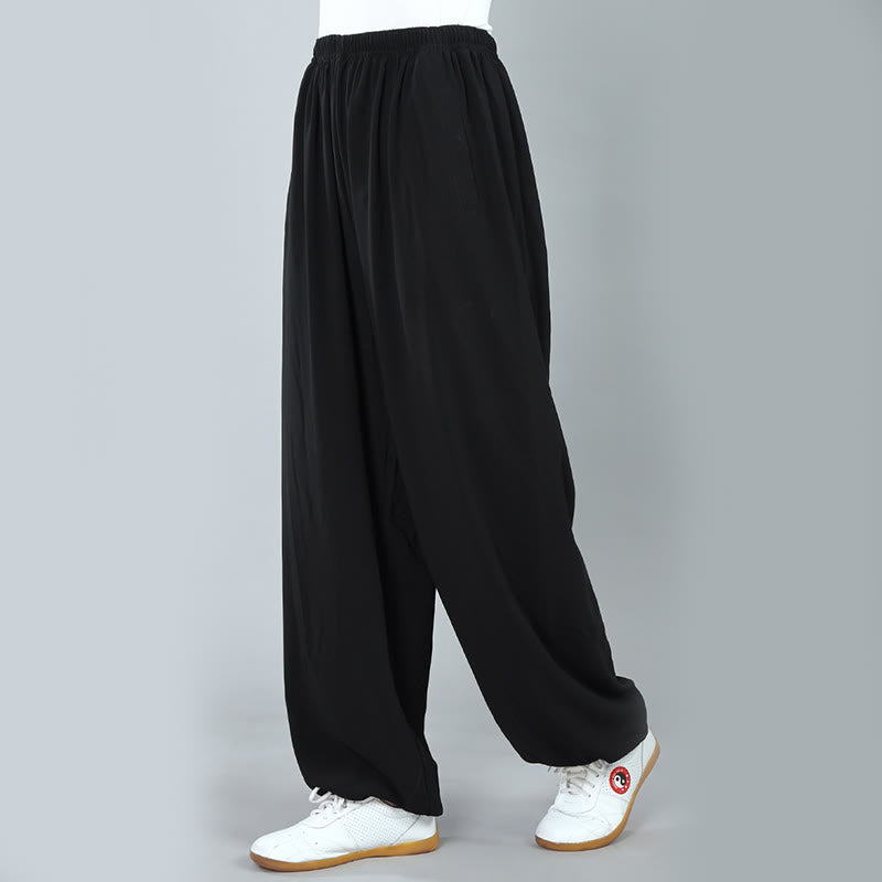 Summer Unisex Elastic Waist Tai Chi Kung Fu Qigong Practice Cotton Breathable Pants With Pockets