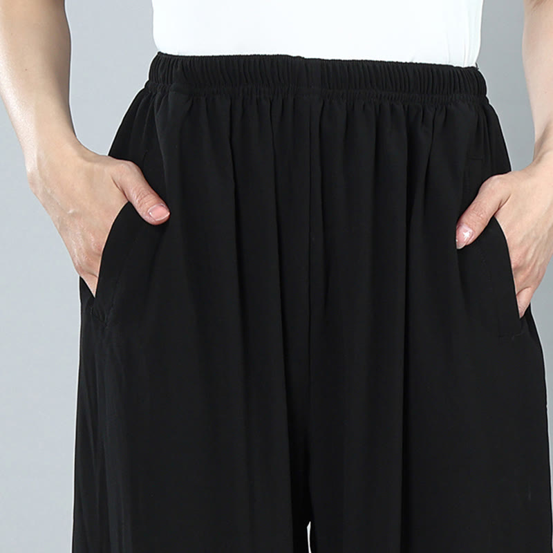 Summer Unisex Elastic Waist Tai Chi Kung Fu Qigong Practice Cotton Breathable Pants With Pockets