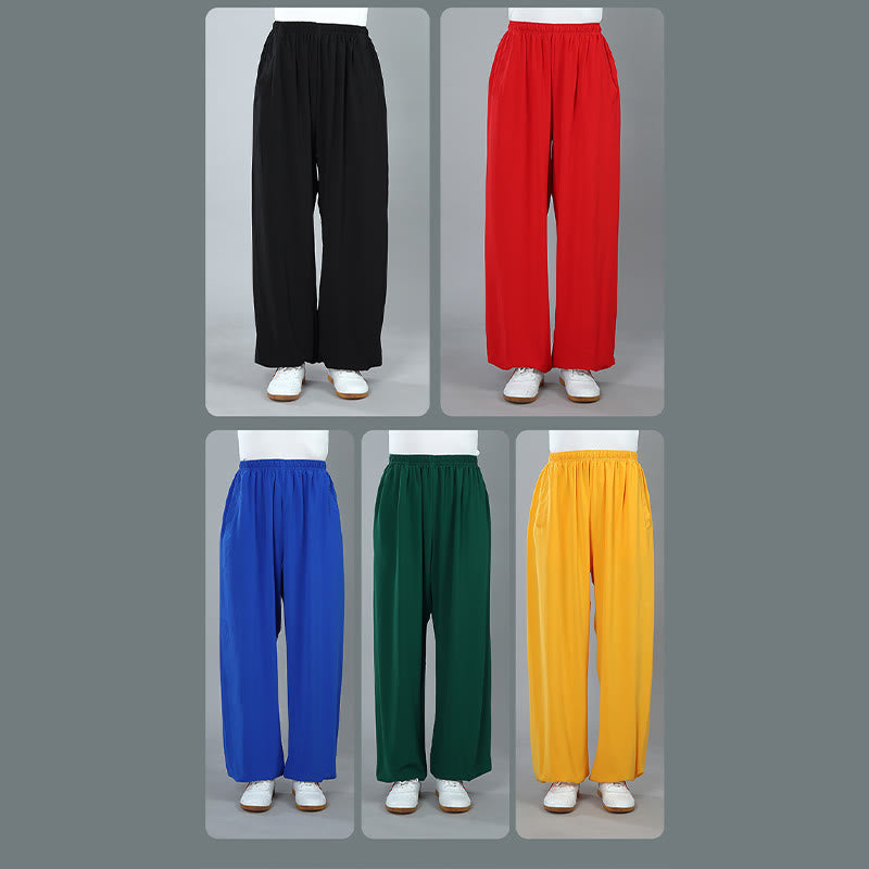 Summer Unisex Elastic Waist Tai Chi Kung Fu Qigong Practice Cotton Breathable Pants With Pockets