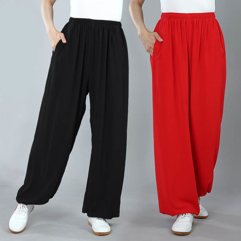 Summer Unisex Elastic Waist Tai Chi Kung Fu Qigong Practice Cotton Breathable Pants With Pockets