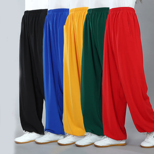 Summer Unisex Elastic Waist Tai Chi Kung Fu Qigong Practice Cotton Breathable Pants With Pockets