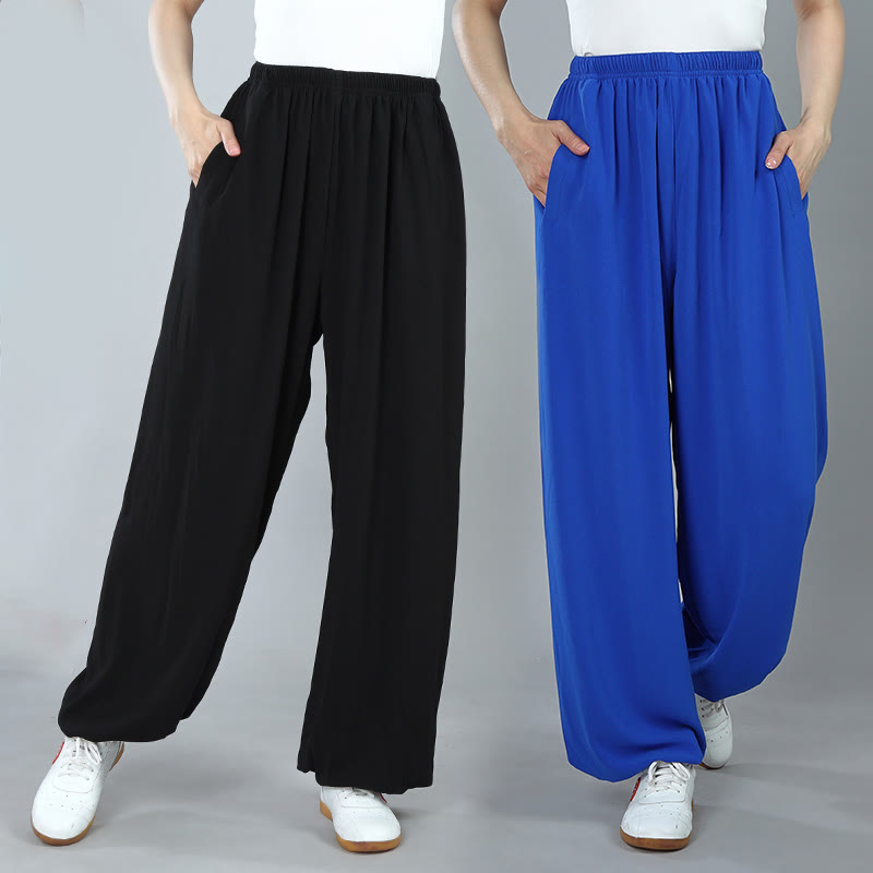 Summer Unisex Elastic Waist Tai Chi Kung Fu Qigong Practice Cotton Breathable Pants With Pockets