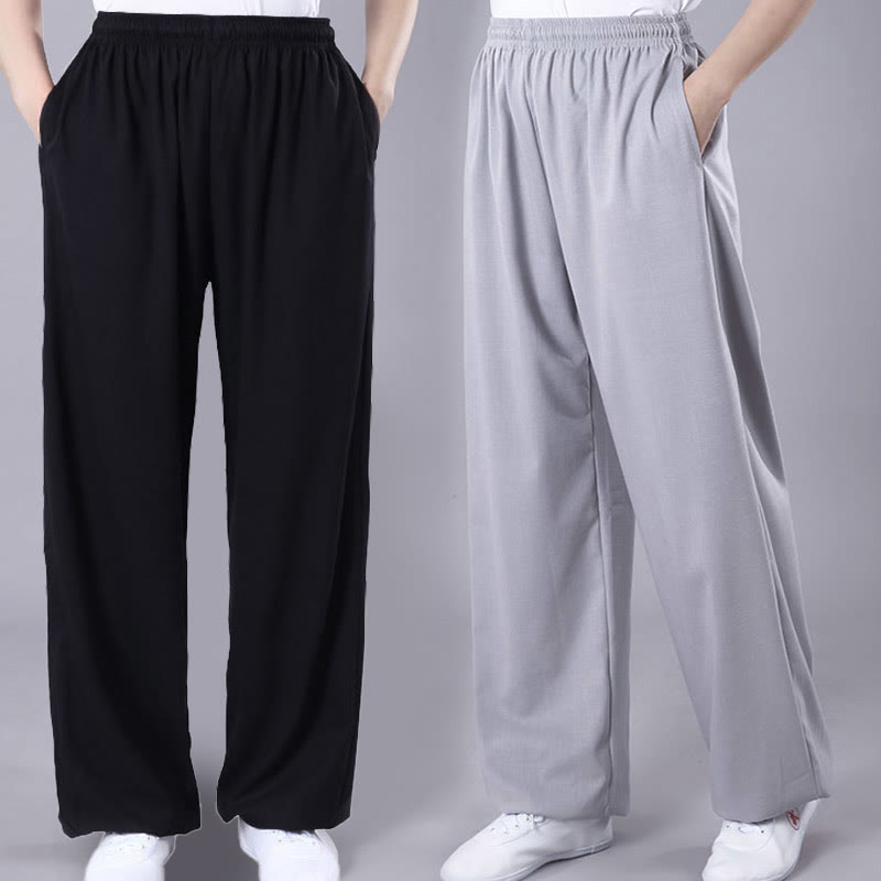 Summer Unisex Elastic Waist Tai Chi Qigong Practice Breathable Cotton Linen Pants With Pockets