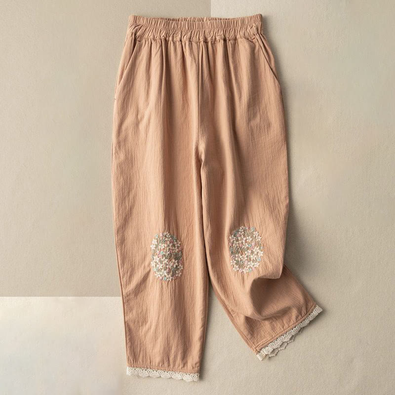 Casual Lace Trim Embroidered Cotton Harem Pants With Pockets