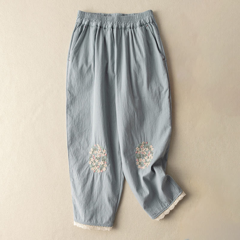 Casual Lace Trim Embroidered Cotton Harem Pants With Pockets