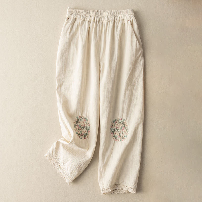 Casual Lace Trim Embroidered Cotton Harem Pants With Pockets