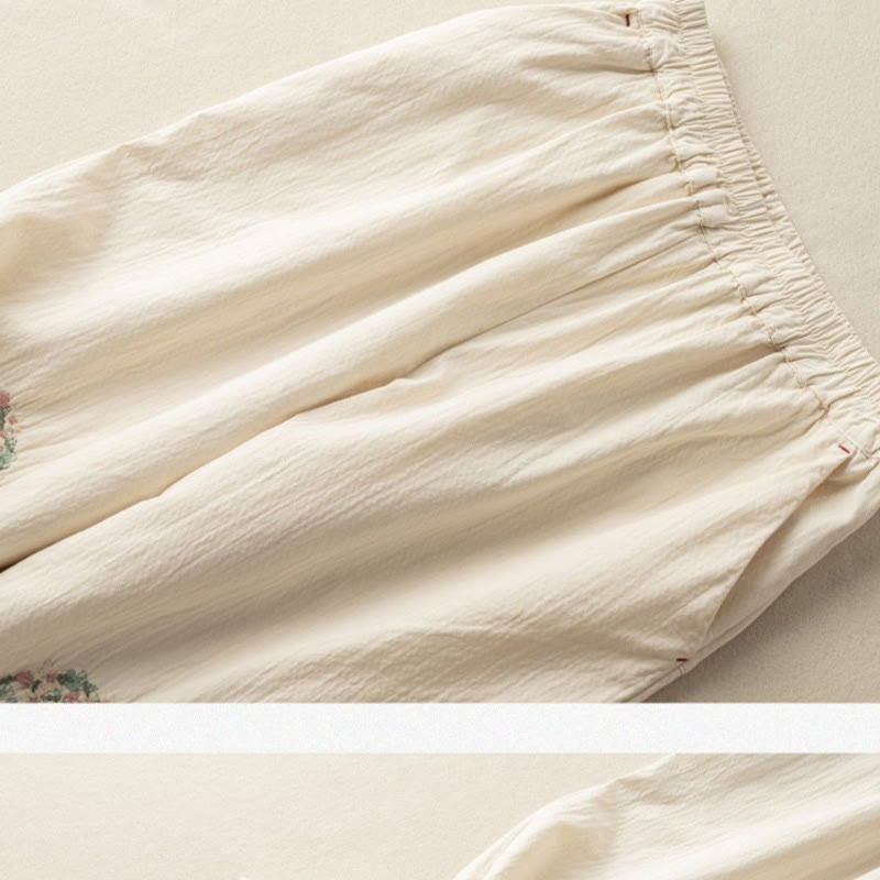 Casual Lace Trim Embroidered Cotton Harem Pants With Pockets