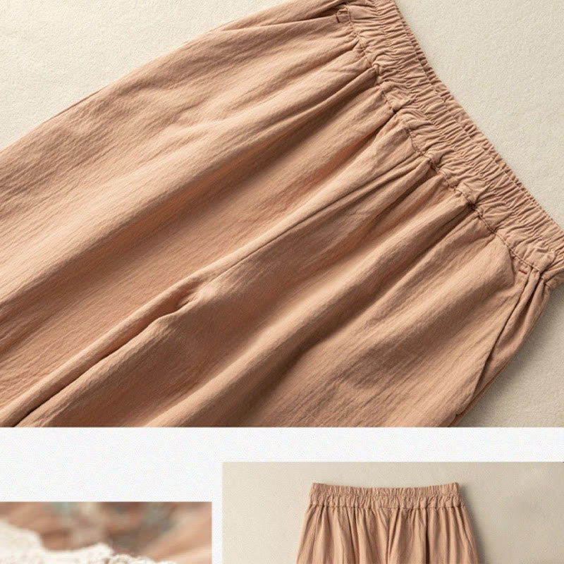 Casual Lace Trim Embroidered Cotton Harem Pants With Pockets