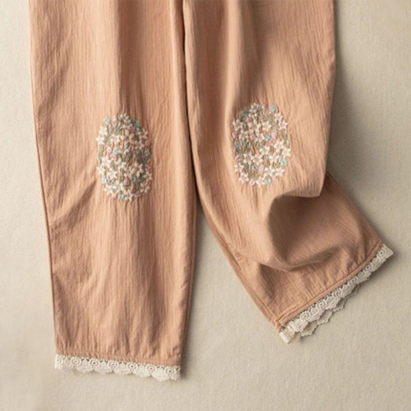 Casual Lace Trim Embroidered Cotton Harem Pants With Pockets
