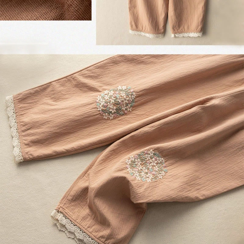 Casual Lace Trim Embroidered Cotton Harem Pants With Pockets