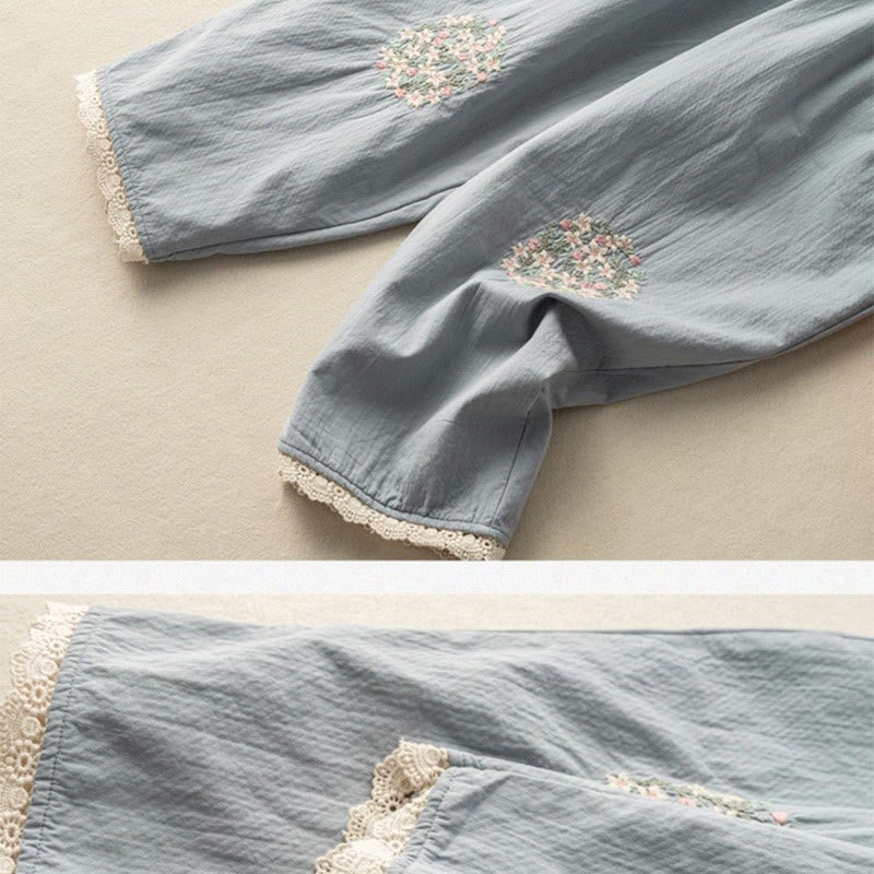 Casual Lace Trim Embroidered Cotton Harem Pants With Pockets