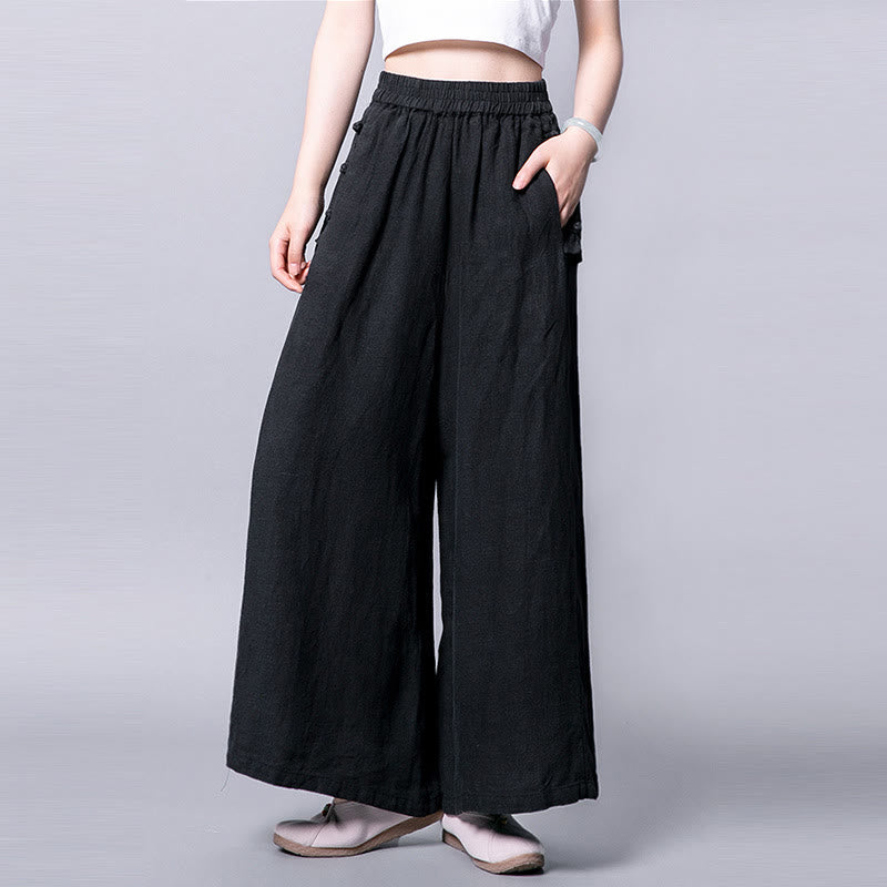 Casual Frog-Button High Waist Wide Leg Pants With Pockets