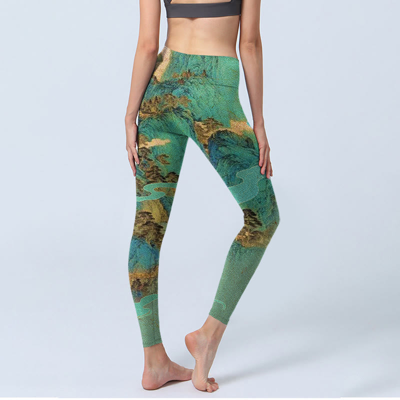 Chinese Style Green Mountains Landscape Print Lycra Fabric Fitness Leggings Women's Yoga Pants