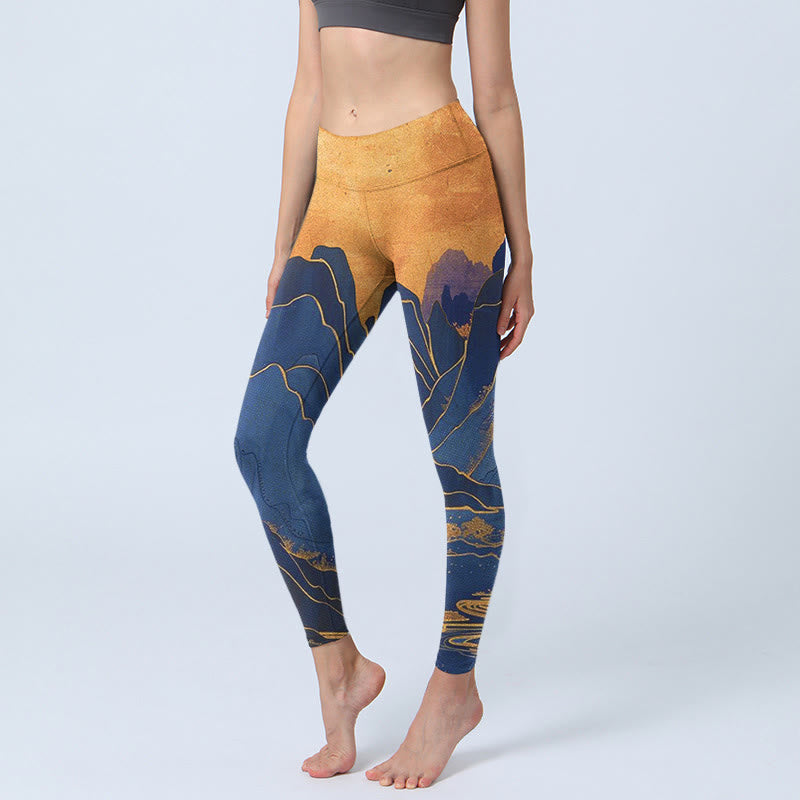 Dark Blue Mountain Sunset Print Fitness Leggings Women's Yoga Pants