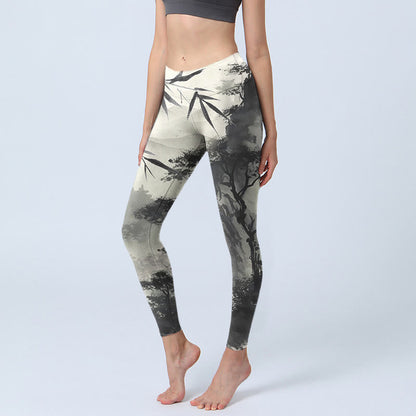 Ink Bamboo Pine Mountains Print Gym Leggings Women's Yoga Pants