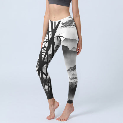 Ink Painting Bamboo Pine Mountain Scenery Print Gym Leggings Women's Yoga Pants