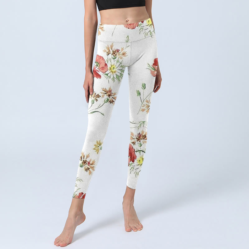 White Daisy Red Flower Print Sports Leggings Women's Yoga Pants