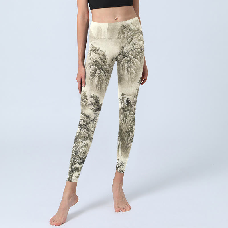 Mountain Tree River Scenery Print Sports Leggings Women's Yoga Pants