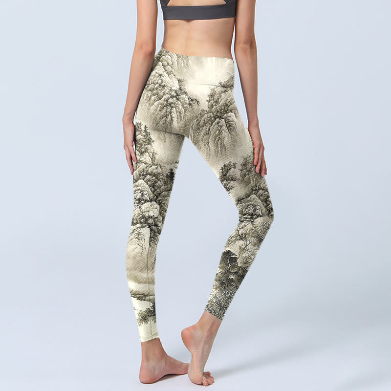 Mountain Tree River Scenery Print Sports Leggings Women's Yoga Pants