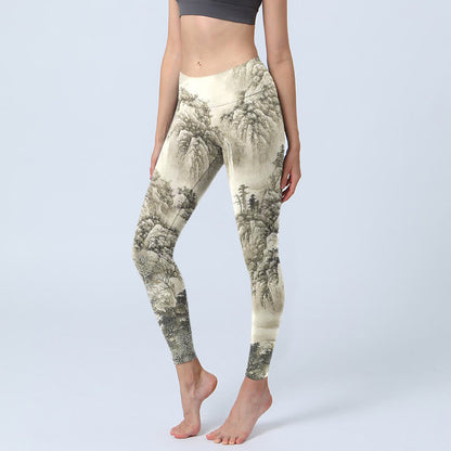 Mountain Tree River Scenery Print Sports Leggings Women's Yoga Pants