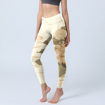 Beige Lotus Flower Print Gym Fitness Leggings Women's Yoga Pants