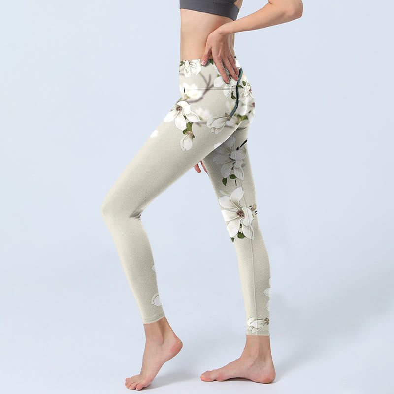 White Magnolia Flower Print Sports Fitness Leggings Women's Yoga Pants
