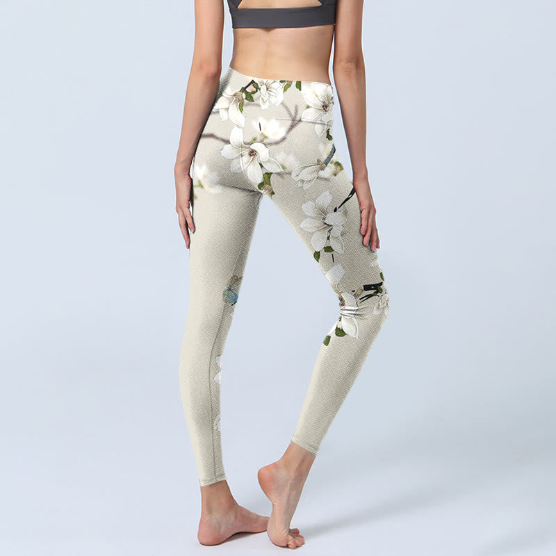 White Magnolia Flower Print Sports Fitness Leggings Women's Yoga Pants