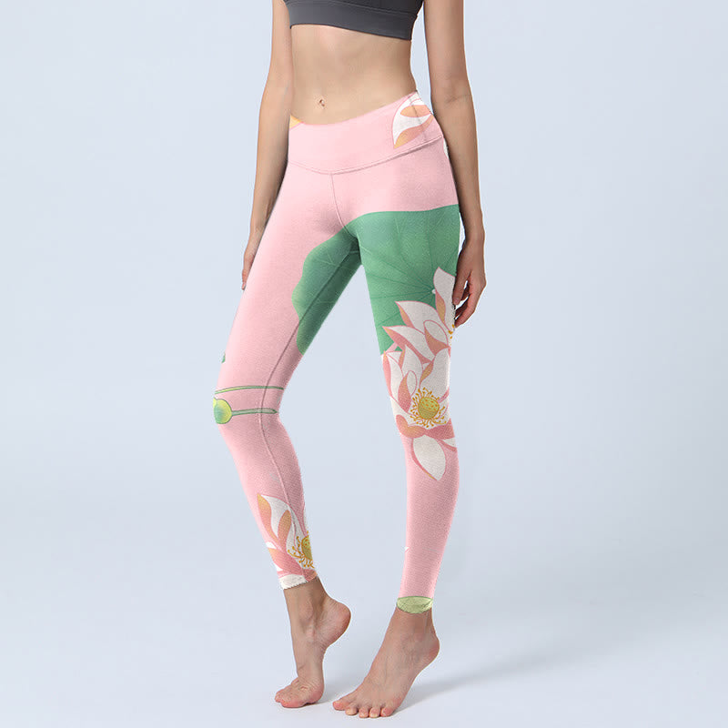 Pink Lotus Flower Leaf Print Gym Fitness Leggings Women's Yoga Pants