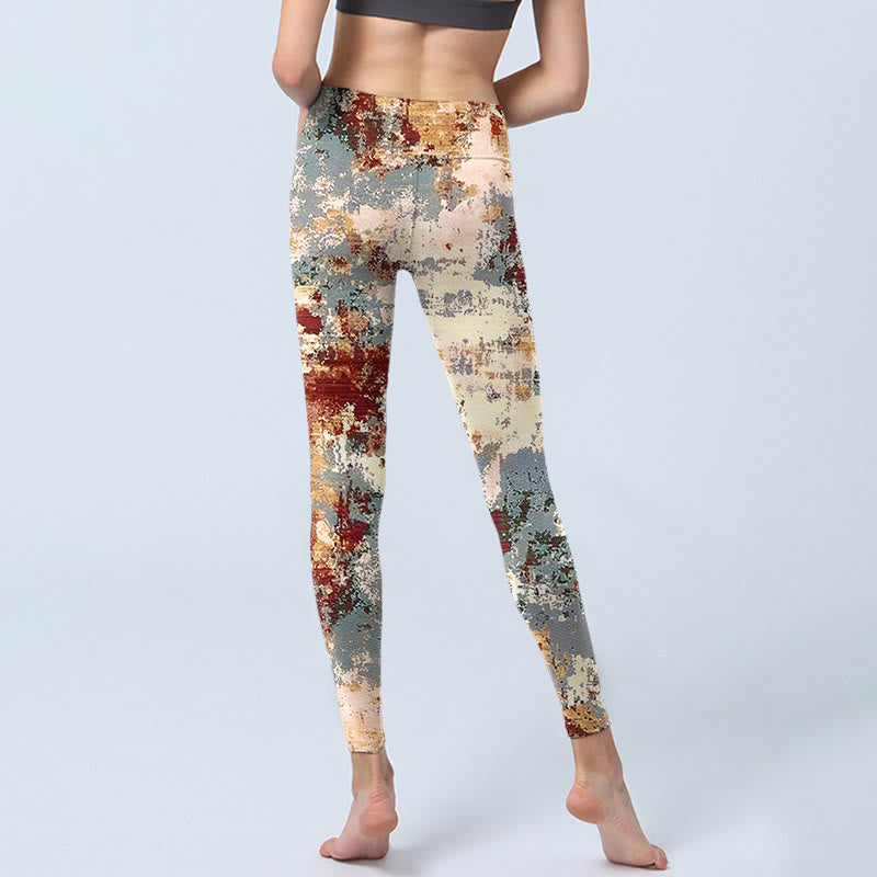 Beige Red Grey Abstract Design Print Exercise Leggings Women's Yoga Pants