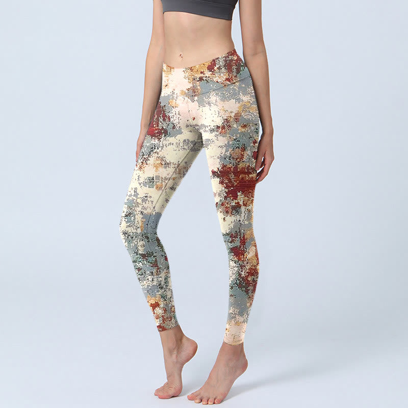 Beige Red Grey Abstract Design Print Exercise Leggings Women's Yoga Pants
