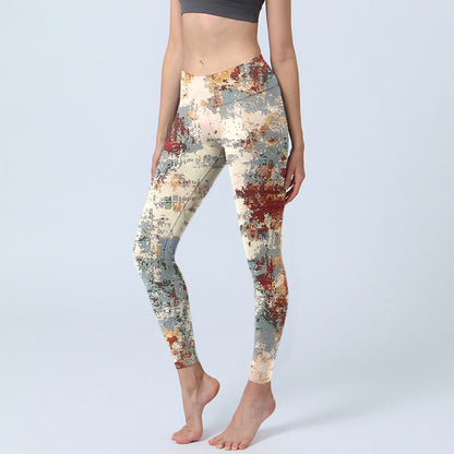 Beige Red Grey Abstract Design Print Exercise Leggings Women's Yoga Pants
