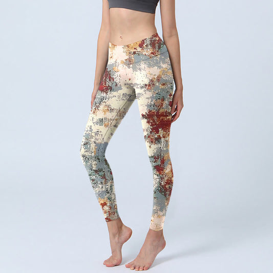 Beige Red Grey Abstract Design Print Exercise Leggings Women's Yoga Pants