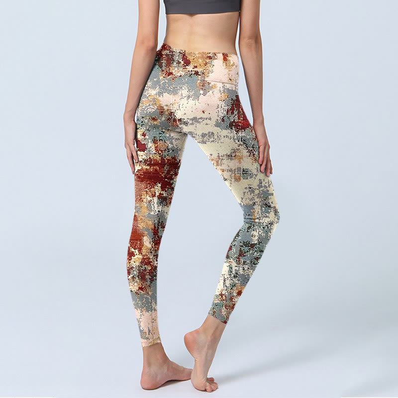 Beige Red Grey Abstract Design Print Exercise Leggings Women's Yoga Pants