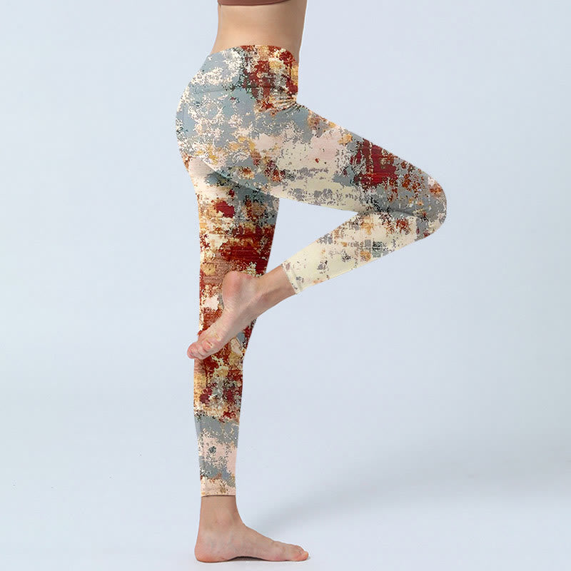 Beige Red Grey Abstract Design Print Exercise Leggings Women's Yoga Pants