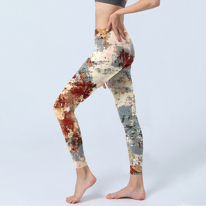 Beige Red Grey Abstract Design Print Exercise Leggings Women's Yoga Pants