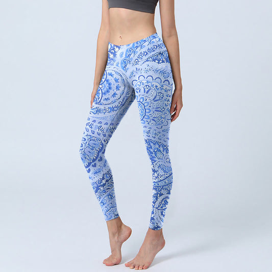 Persian Style RoyalBlue White Flowers Pattern Print Exercise Leggings Women's Yoga Pants