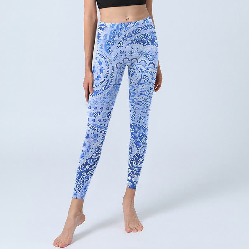 Persian Style RoyalBlue White Flowers Pattern Print Exercise Leggings Women's Yoga Pants