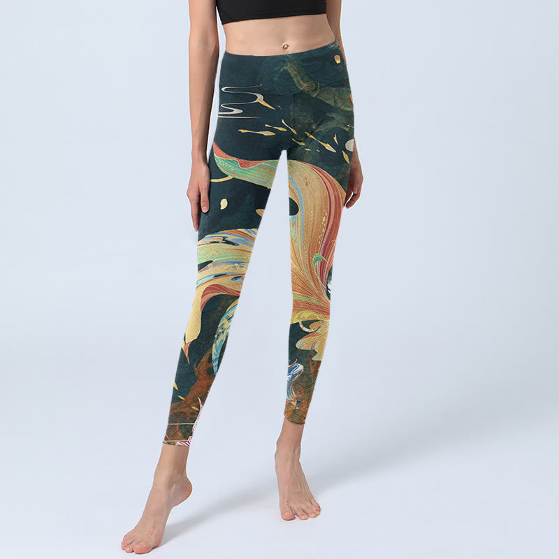 Dark Slate Gray Double Koi Fish Sky Lantern Tower Exercise Leggings Women's Yoga Pants