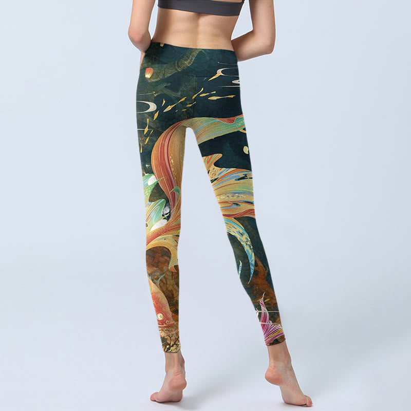 Dark Slate Gray Double Koi Fish Sky Lantern Tower Exercise Leggings Women's Yoga Pants
