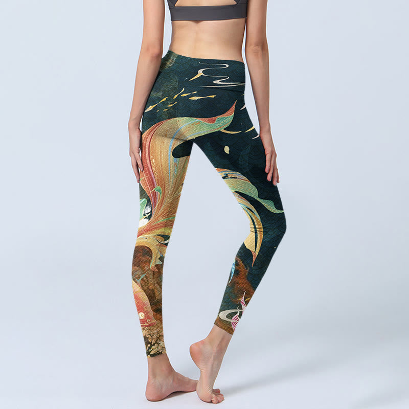 Dark Slate Gray Double Koi Fish Sky Lantern Tower Exercise Leggings Women's Yoga Pants