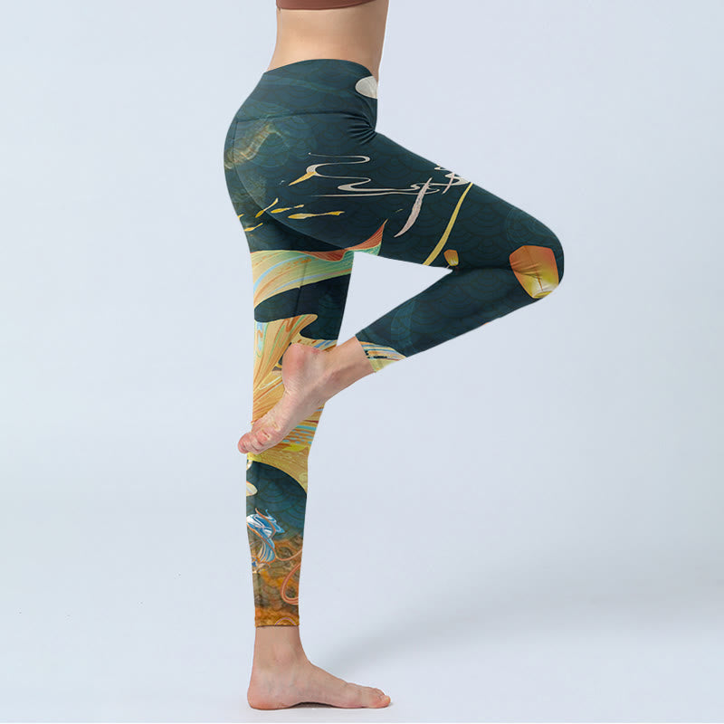 Dark Slate Gray Double Koi Fish Sky Lantern Tower Exercise Leggings Women's Yoga Pants