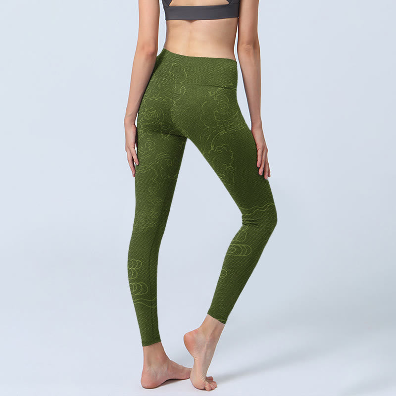 Green Auspicious Cloud Waves Print Gym Leggings Women's Yoga Pants