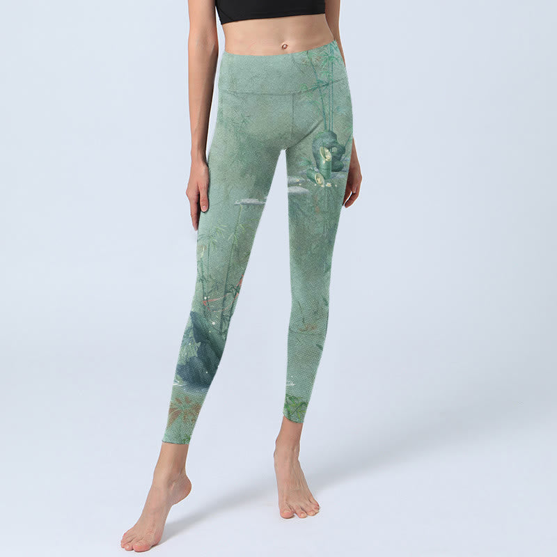Green Bamboo Rocks Print Sports Fitness Leggings Women's Yoga Pants