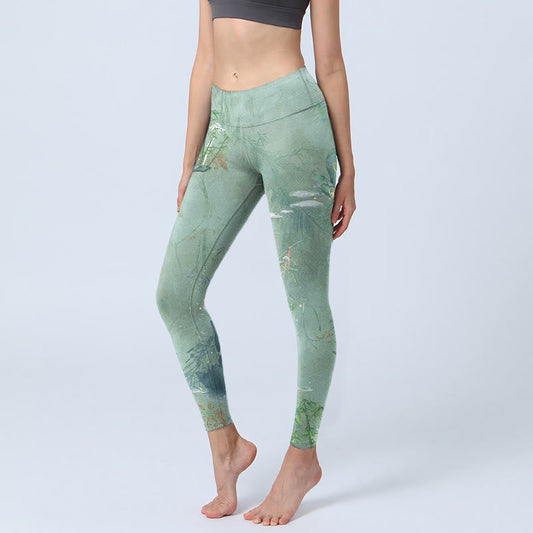 Green Bamboo Rocks Print Sports Fitness Leggings Women's Yoga Pants