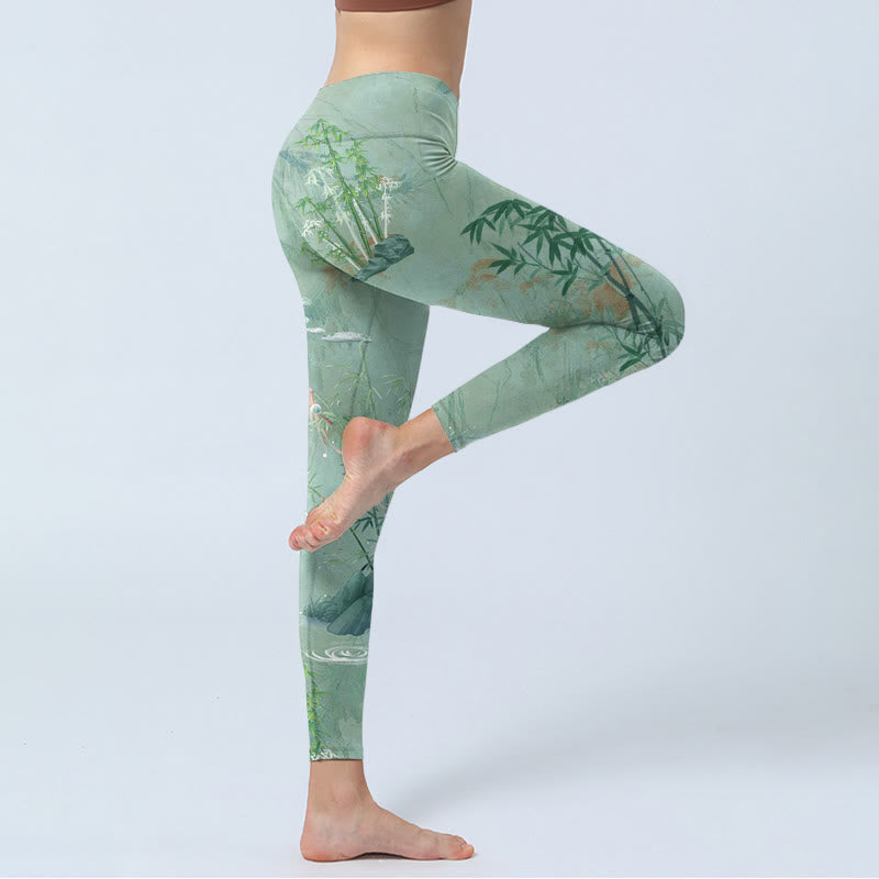Green Bamboo Rocks Print Sports Fitness Leggings Women's Yoga Pants