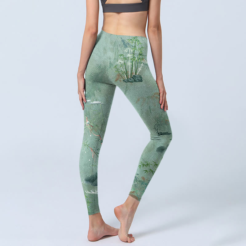 Green Bamboo Rocks Print Sports Fitness Leggings Women's Yoga Pants